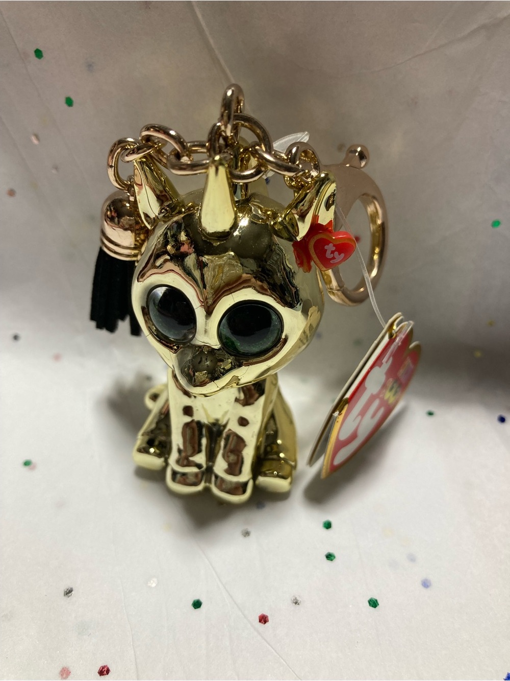 Ty Gold Unicorn Beanie Boo Keychain with Black Tassel